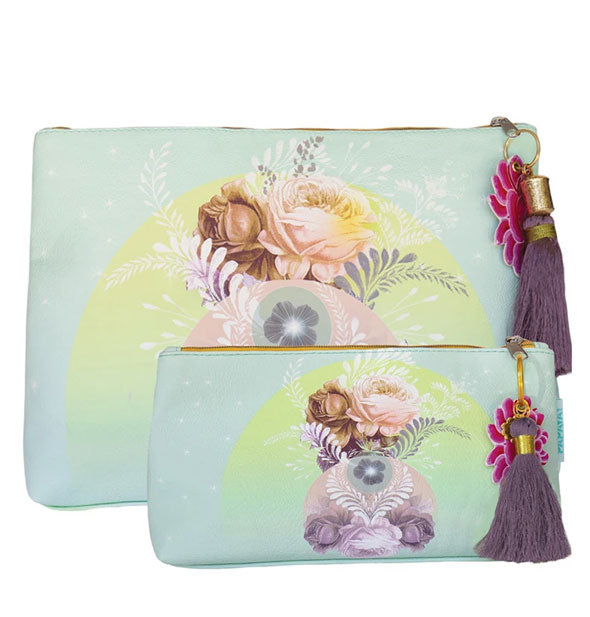 Large and small aqua pouches with floral artwork and purple tassel pulls