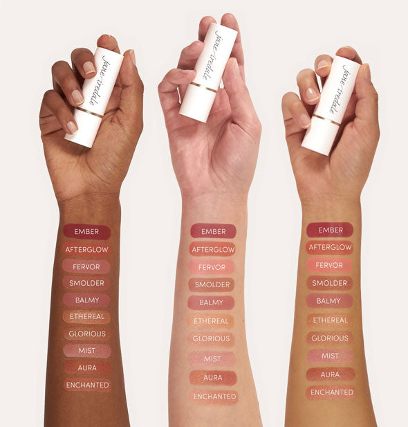 Three models' outstretched arms each feature drawn-on samples of each of Jane Iredale's Glow Time Blush Stick shades