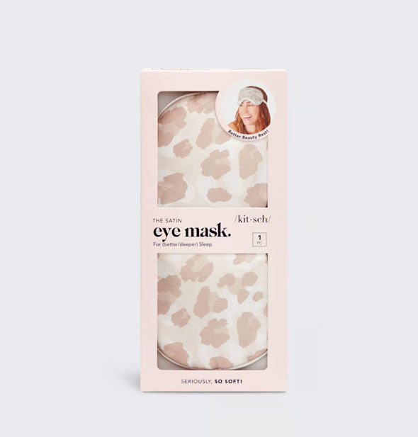 The Satin Eye Mask by Kitsch in champagne leopard print is shown through windows in pink packaging