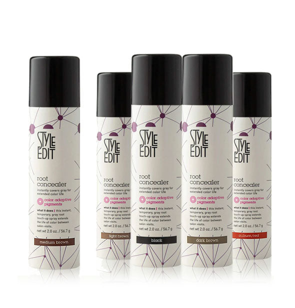 Grouping of five Style Edit Root Concealer cans in Medium Brown, Light Brown, Black, Dark Brown, and Auburn/Red from left to right