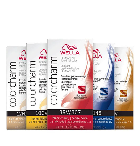 Five boxes of Wella ColorCharm Permanent Liquid Hair Color in assorted shades