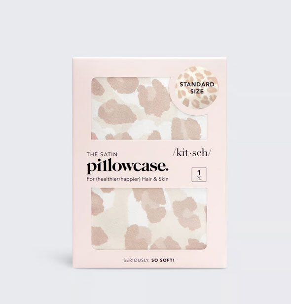 The Satin Pillowcase by Kitsch in champagne leopard print shown through windows in packaging