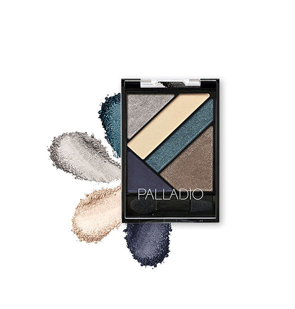Palladio eyeshadow compact of five colors with sample swatches fanning out from underneath