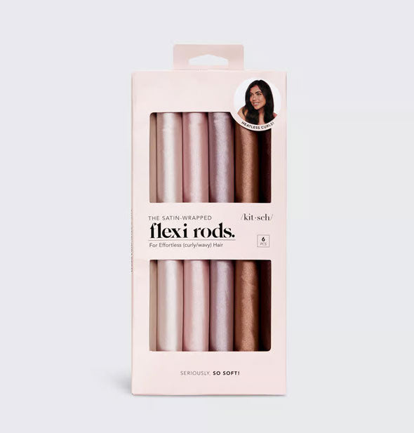 Pack of The Satin Wrapped Flexi Rods by Kitsch with rods in blush tones partially visible through windows in packaging