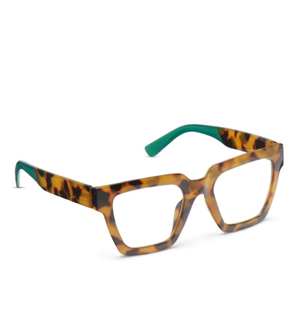 Pair of large square reading glasses with brown tortoise body accented by partially green temple