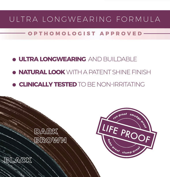 Key benefits of Blinc's black and dark brown Tubing Macara's Ultra Longwearing Formula: Ophthalmologist approved; Ultra longwearing and buildable; Natural look with patent shine finish; Clinically tested to be non-irritating; Run-proof, smudge-proof, flake-proof, clump-proof, life-proof