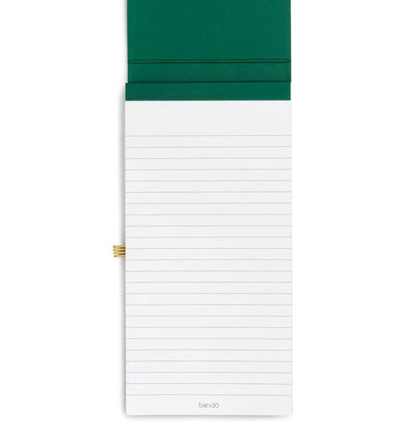Lined notebook page with green cover and gold pen loop partially shown