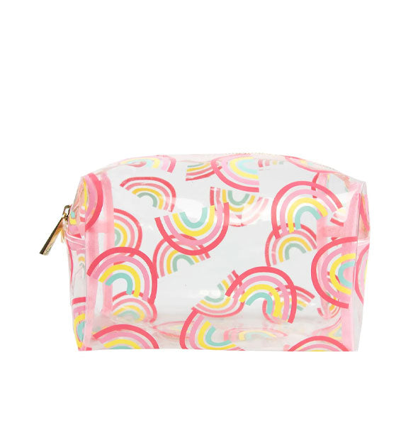 Clear pouch with top gold zipper and all-over colorful rainbows print