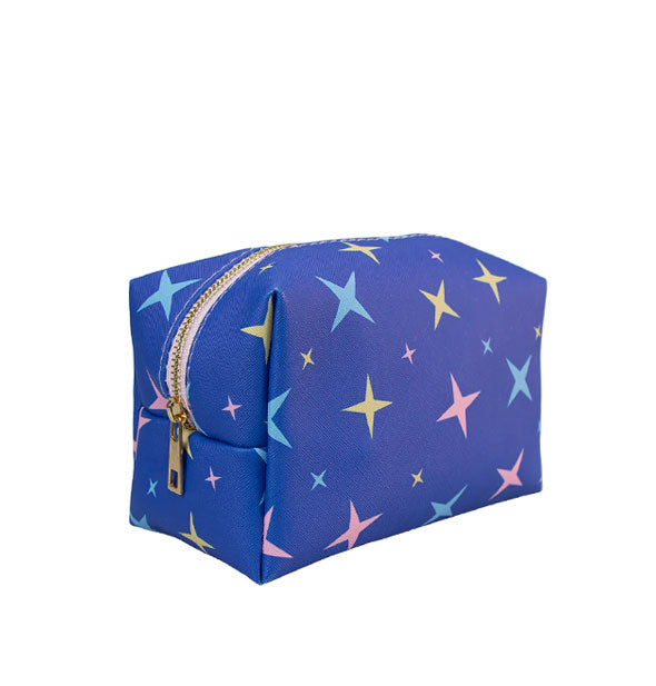 Rectangular blue zippered pouch with gold hardware and all-over pastel stars pattern