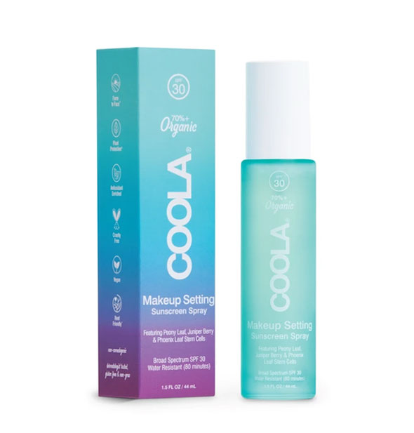 Bottle and box of COOLA Makeup Setting Sunscreen Spray