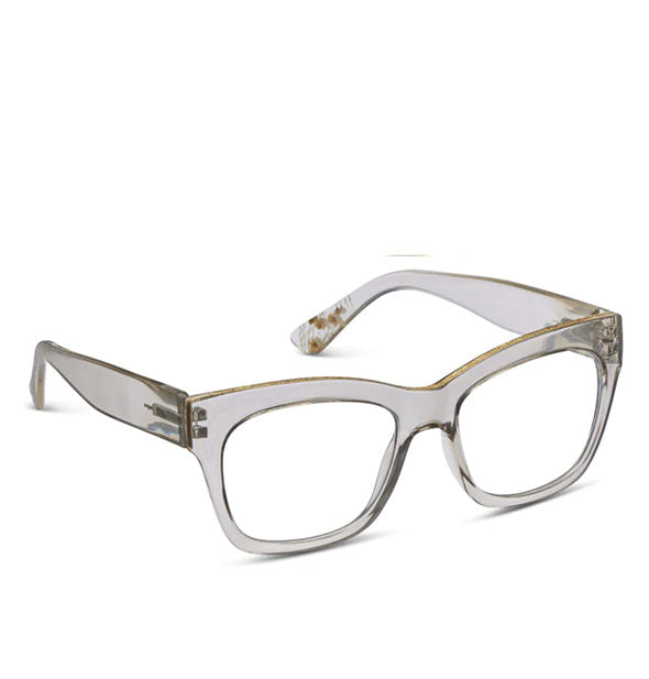 Three-quarter view of a pair of clear gray glasses
