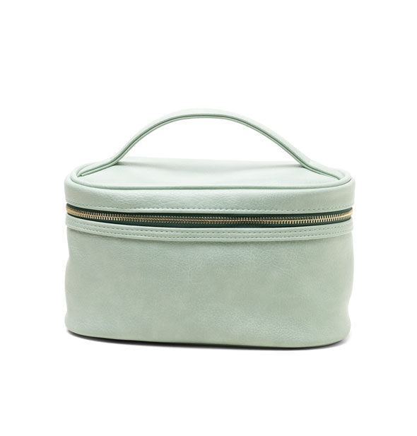 Light green vegan leather travel case with matching top handle, dark green zipper tape, and gold zipper hardware