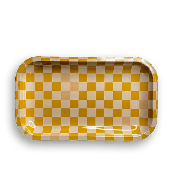 Rectangular tray with rounded corners features an all-over yellow, and light pink checkered print