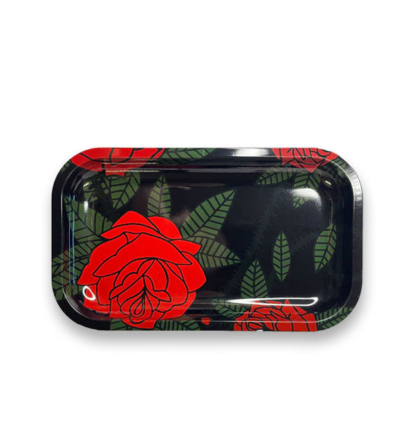 Rectangular black metal tray with rounded corners features colorful red thorny roses design