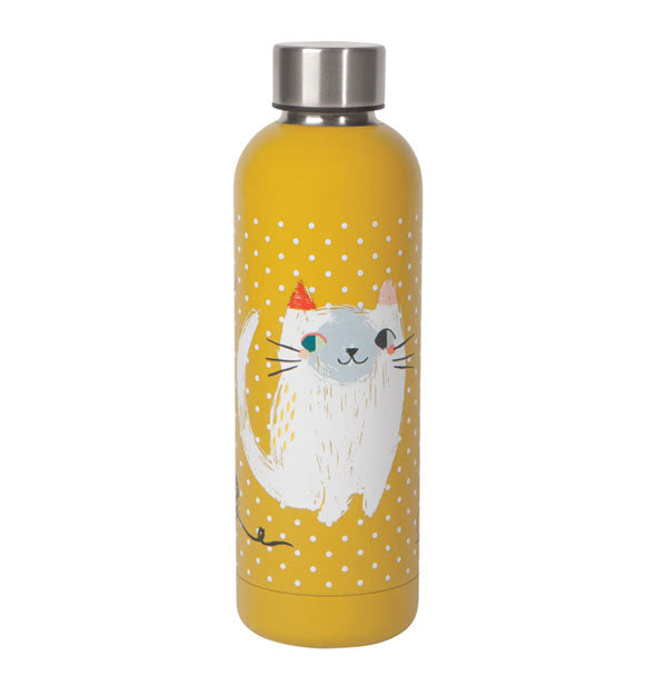 Yellow water bottle with metallic cap features a smiling white cat illustration on a polkadot background