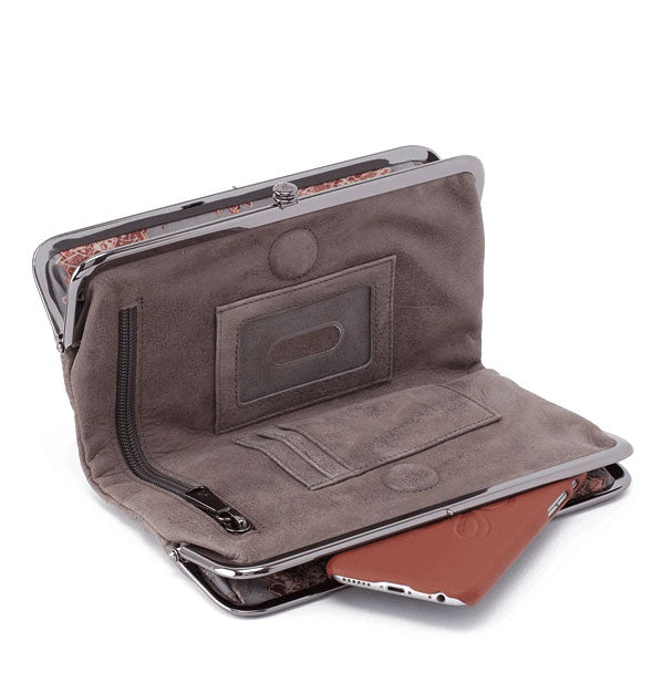 Open metallic leather wallet with gun metal hardware