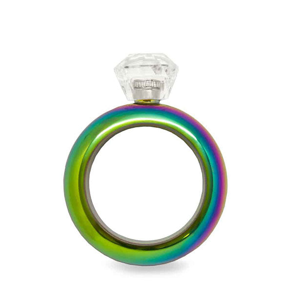 Multicolored iridescent ring flask with clear faceted cap