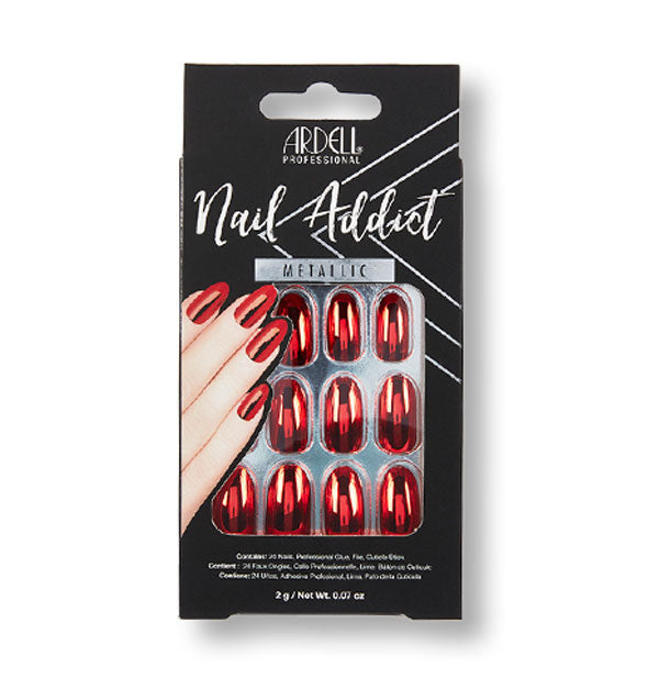 Pack of Ardell Nail Addict Metallic red press-on nails with a mid-length oval shape