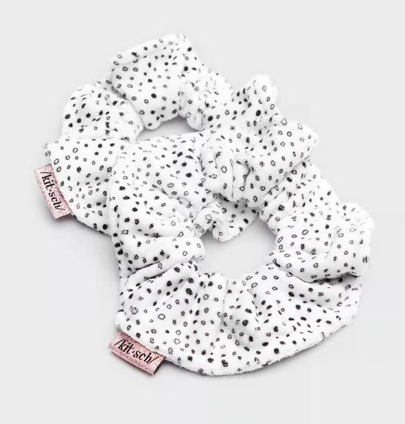 Two black and white polkadot Kitsch microfiber hair scrunchies