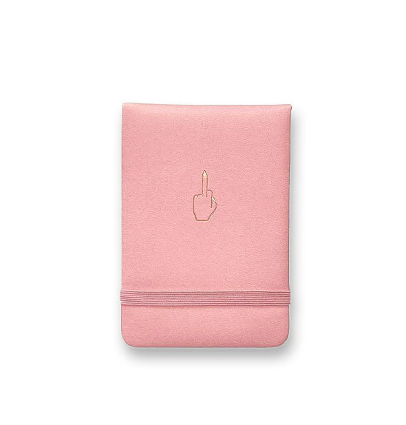 Vegan leather notebook with elastic band closure features a central stamped middle finger design