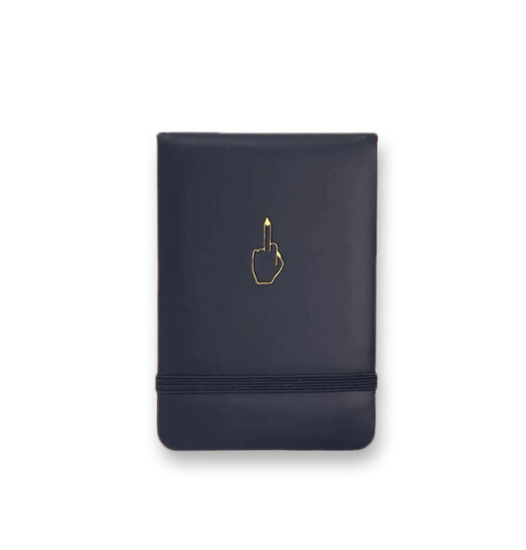Black book held closed by an elastic band features a gold foil stamped graphic of a hand holding up a middle finger sign