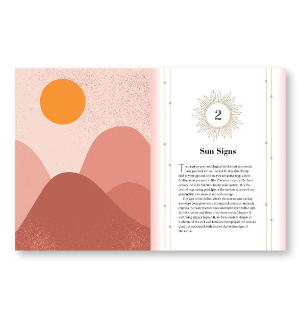 Page spread from Mindful Astrology features a chapter titled Sun Signs alongside a simple landscape illustration