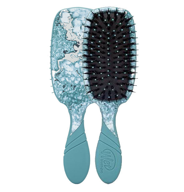 Front and back view of a teal hairbrush with combination boar and synthetic bristles and a mineral design finish