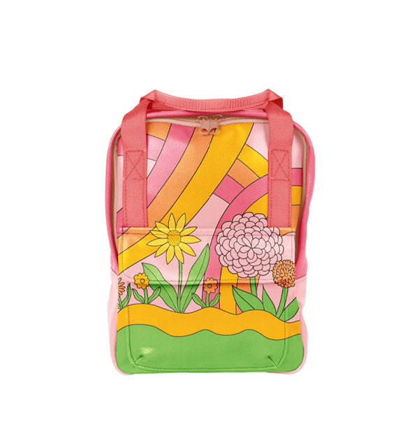 Rectangular backpack with colorful retro-style floral design, pink straps, and pink top double zipper