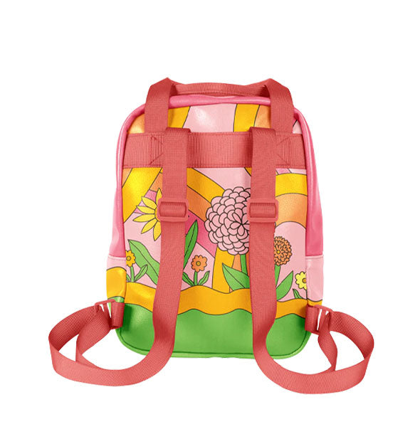 Colorful retro floral backpack with pink top handle and shoulder straps