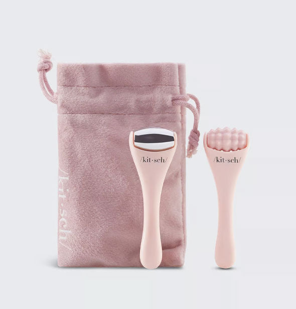 Pair of mini facial rollers by Kitsch with pink storage bag