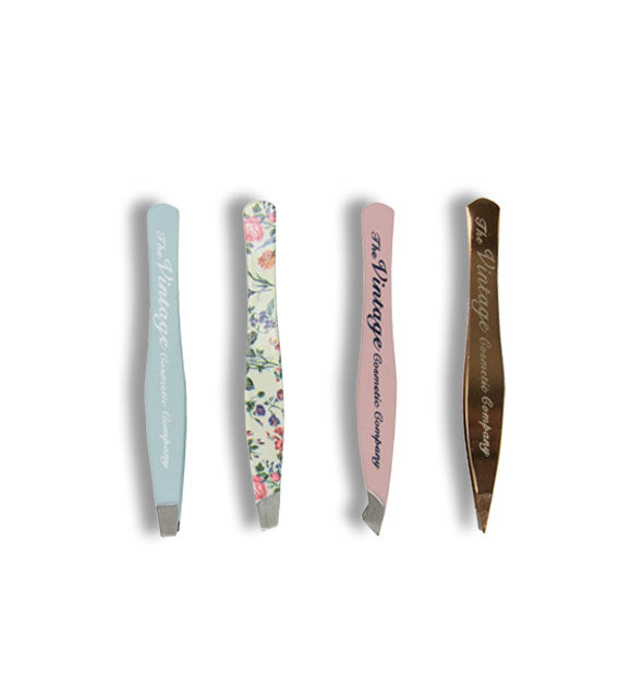 Set of blue flat, floral slanted, pink precision, and metallic pointed tip tweezers by The Vintage Cosmetic Company
