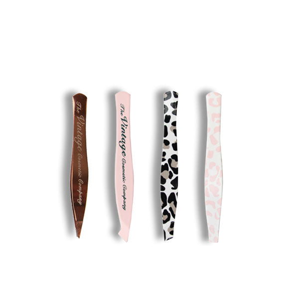 Set of metallic pointed, pink precision, leopard slant, and pink leopard flat tipped mini tweezers by The Vintage Cosmetic Company
