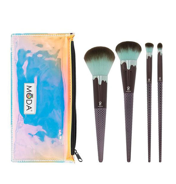 Four makeup brushes with mint chocolate color scheme and iridescent storage pouch