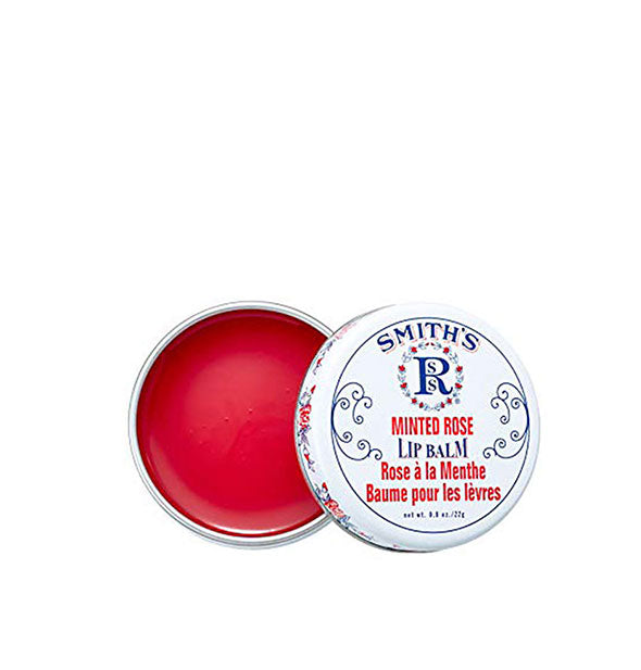 Opened white round tin of Smith's Minted Rose Lip Balm with pinkish-red contents shown