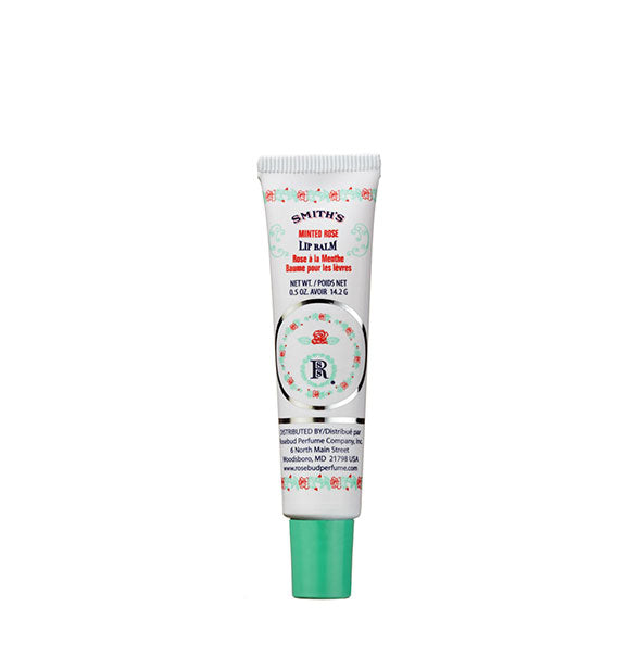 White tube of Smith's Minted Rose Lip Balm with floral accents and green cap