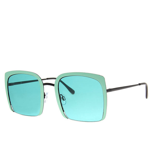 Pair of sunglasses with three-quarter mint green frame and matching teal tint