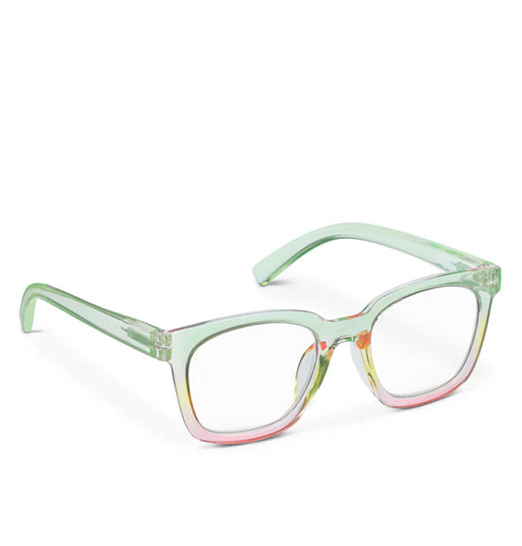 Three-quarter view of a pair of clear pink and green gradient glasses