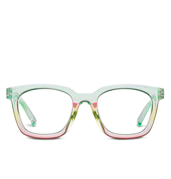 Front view of a pair of clear pink and green gradient glasses