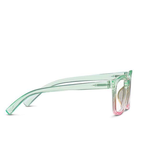 Side view of a pair of clear pink and green gradient glasses