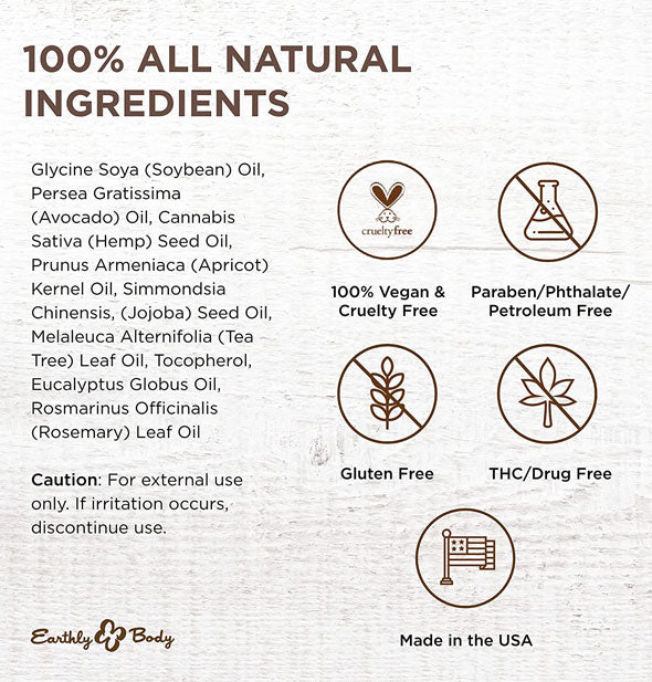 Diagrammed ingredient contents and exclusions of Earthly Body Miracle Oil