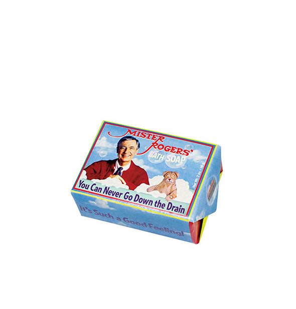 2 ounce bar of Mister Rogers' Bath Soap features an image of Fred Rogers with Daniel Striped Tiger above the words, "You Can Never Go Down the Drain"