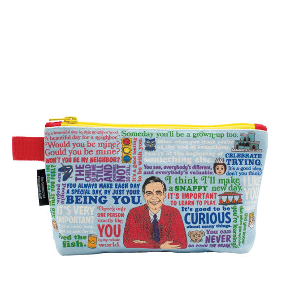 Light blue pouch with red tap and yellow zipper features images and quotes from the classic children's television show, Mister Rogers' Neighborhood