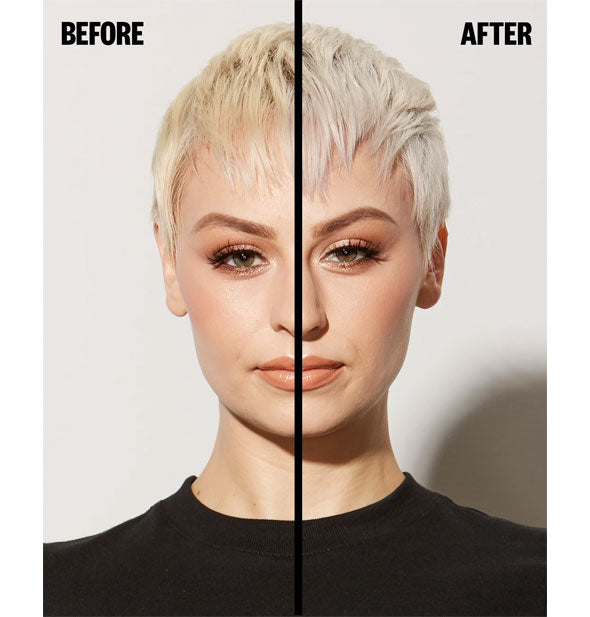 Before and after results of using IGK Mixed Feelings Leave-In Blonde Toning Drops