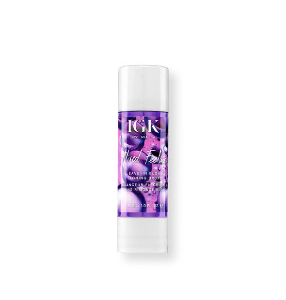 Purple and white 1 ounce bottle of IGK Mixed Feelings Leave-In Blonde Toning Drops