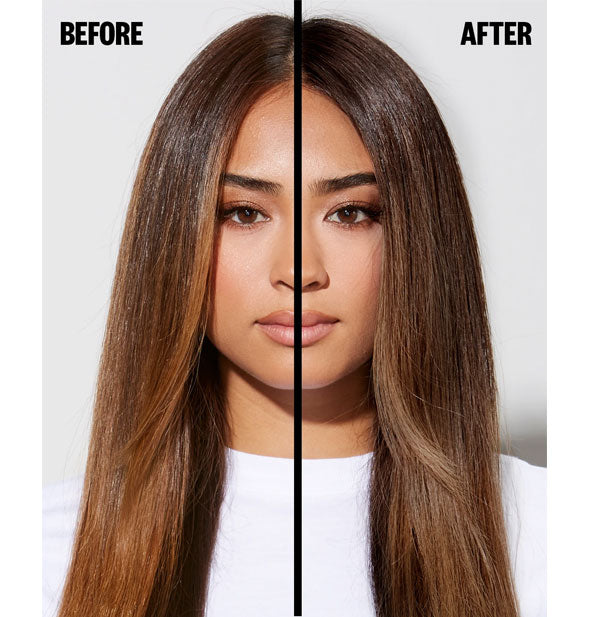 Before and after results of using IGK Mixed Feelings Leave-In Brunette Toning Drops