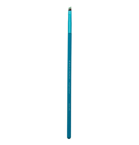 Slender blue makeup brush with angled bristles