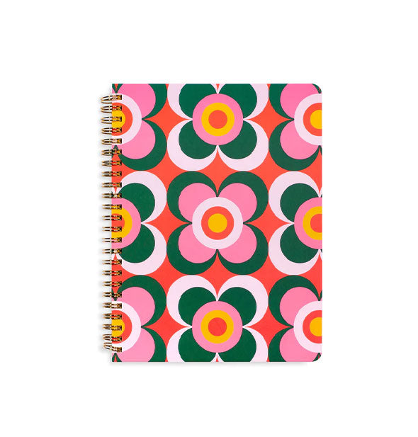 Twin ring wire-bound notebook with mod retro-style flower pattern in white, pink, red, yellow, and green