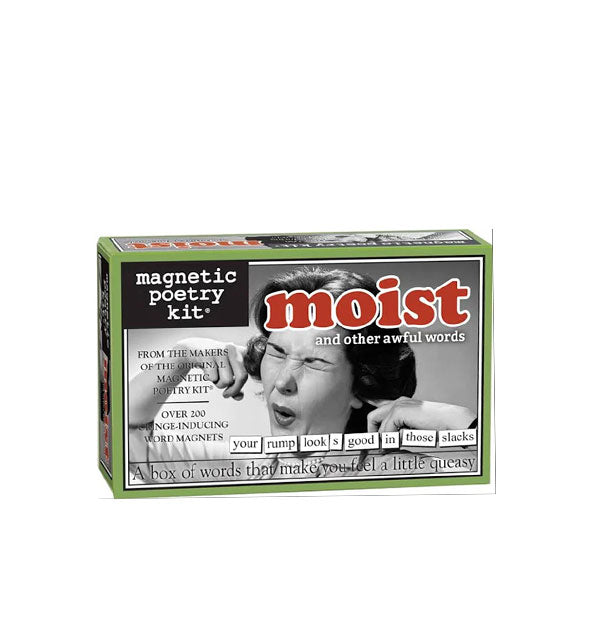 Boxed kit of Moist Magnetic Poetry word tiles with vintage black and white photograph of a squinting woman putting her fingers in her ears
