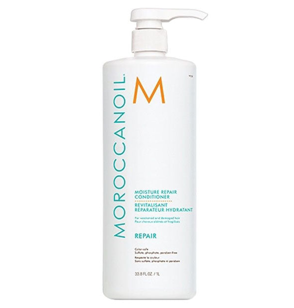33.8 ounce bottle of Moroccanoil Moisture Repair Conditioner with pump nozzle
