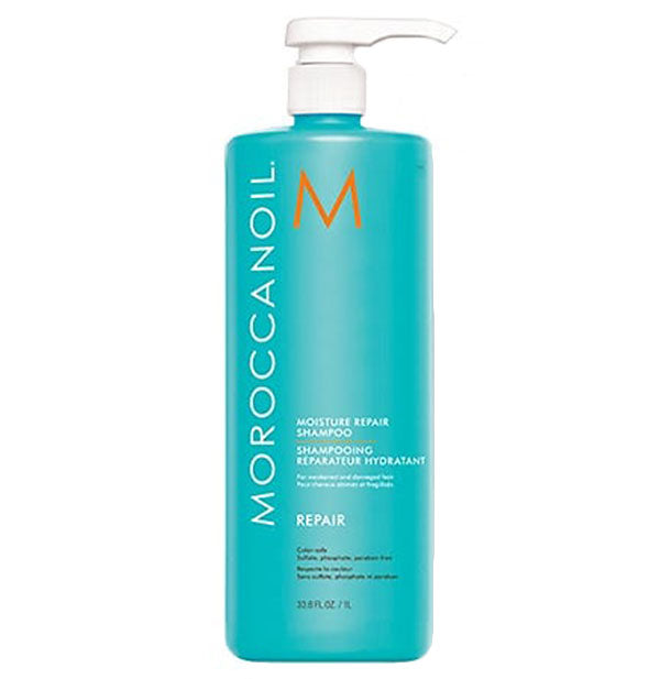 33.8 ounce bottle of Moroccanoil Moisture Repair Shampoo with pump nozzle